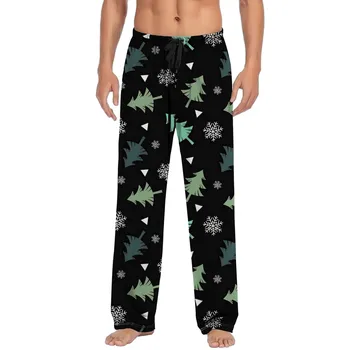 Мъжки пижамные панталони с принтом елхи, в долната част на дрехи за дома, гъвкави прави панталони с завязками, без пижама с дължина до пода